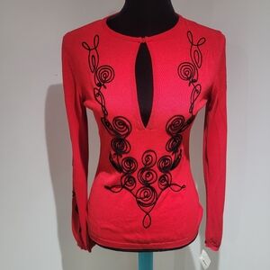 Moschino Women's Long Sleeve Embroidered Sweater 8 Red Black Designer Bold NEW